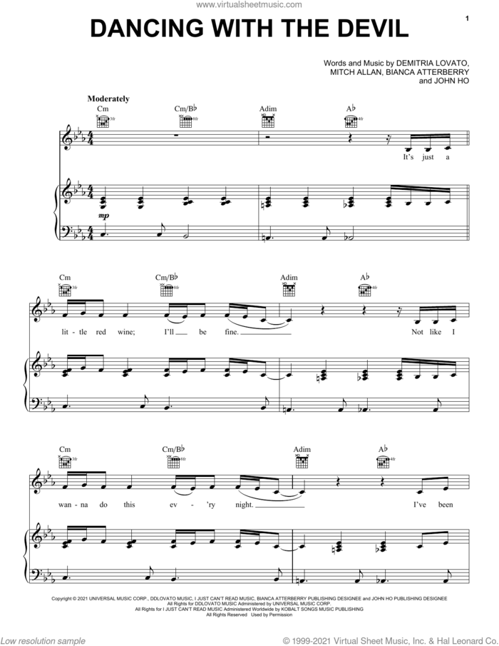 Dancing With The Devil sheet music for voice, piano or guitar by Demi Lovato, Bianca Atterberry, Demitria Lovato, John Ho and Mitch Allan, intermediate skill level