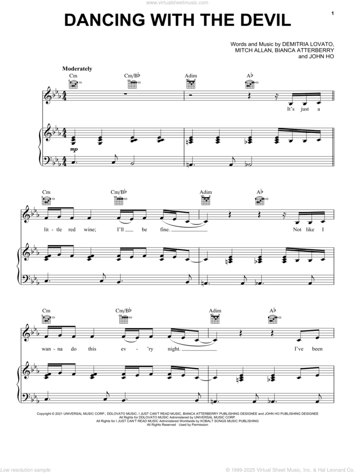 Dancing With The Devil sheet music for voice, piano or guitar by Demi Lovato, Bianca Atterberry, Demitria Lovato, John Ho and Mitch Allan, intermediate skill level