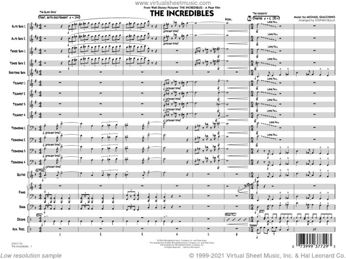The Incredibles (arr. Stephen Bulla) (COMPLETE) sheet music for jazz band by Michael Giacchino and Stephen Bulla, intermediate skill level