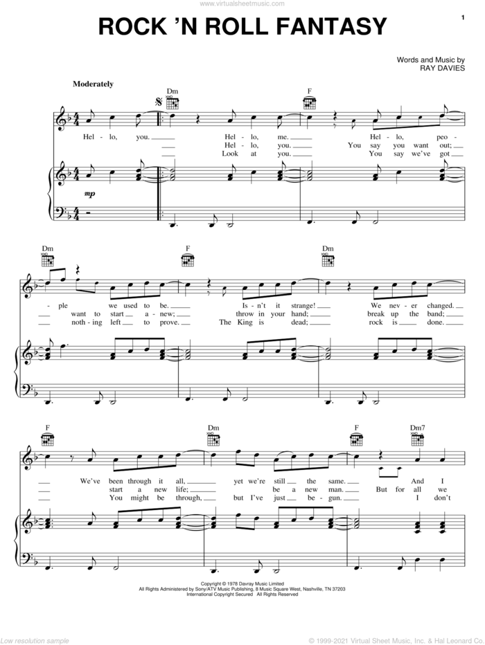 Rock 'N Roll Fantasy sheet music for voice, piano or guitar by The Kinks and Ray Davies, intermediate skill level
