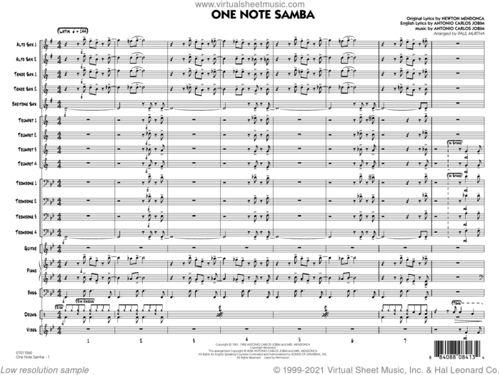 One Note Samba (arr. Paul Murtha) (COMPLETE) sheet music for jazz band by Paul Murtha, Antonio Carlos Jobim, Newton Mendonca and Pat Thomas, intermediate skill level