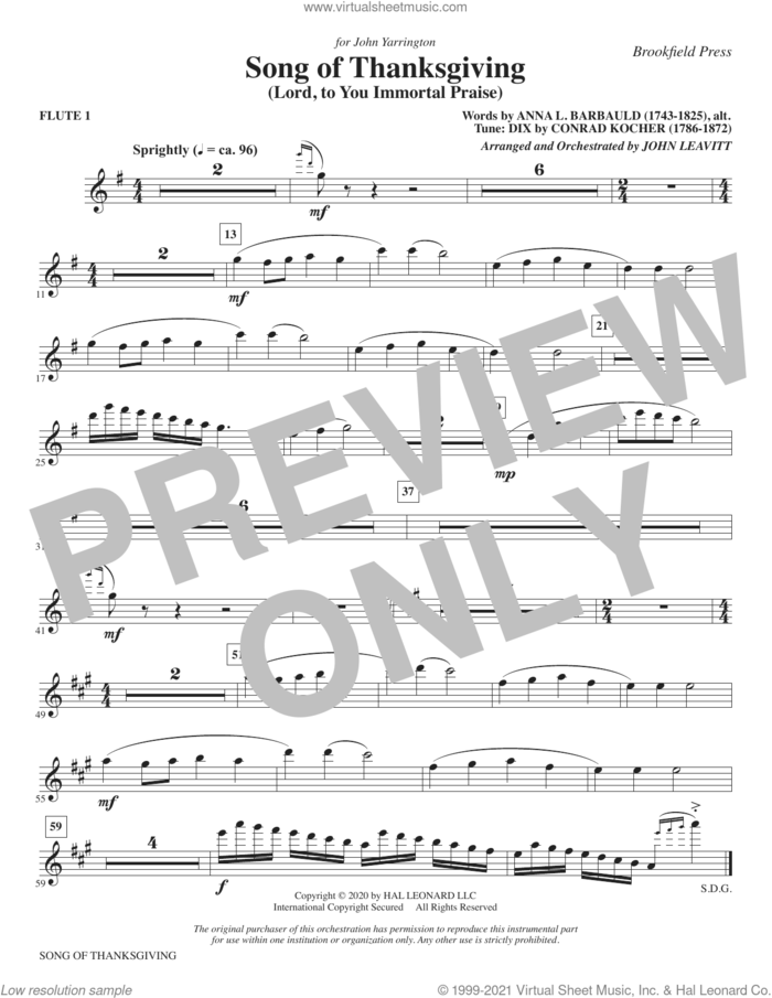 Song of Thanksgiving (Lord, to You Immortal Praise) (arr. Leavitt) sheet music for orchestra/band (flute 1) by Conrad Kocher, John Leavitt and Anna L. Barbauld, intermediate skill level
