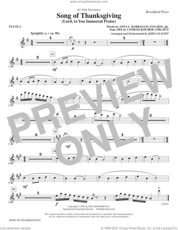 Song of Thanksgiving (Lord, to You Immortal Praise) (arr. Leavitt) sheet music for orchestra/band (flute 2) by Conrad Kocher, John Leavitt and Anna L. Barbauld, intermediate skill level