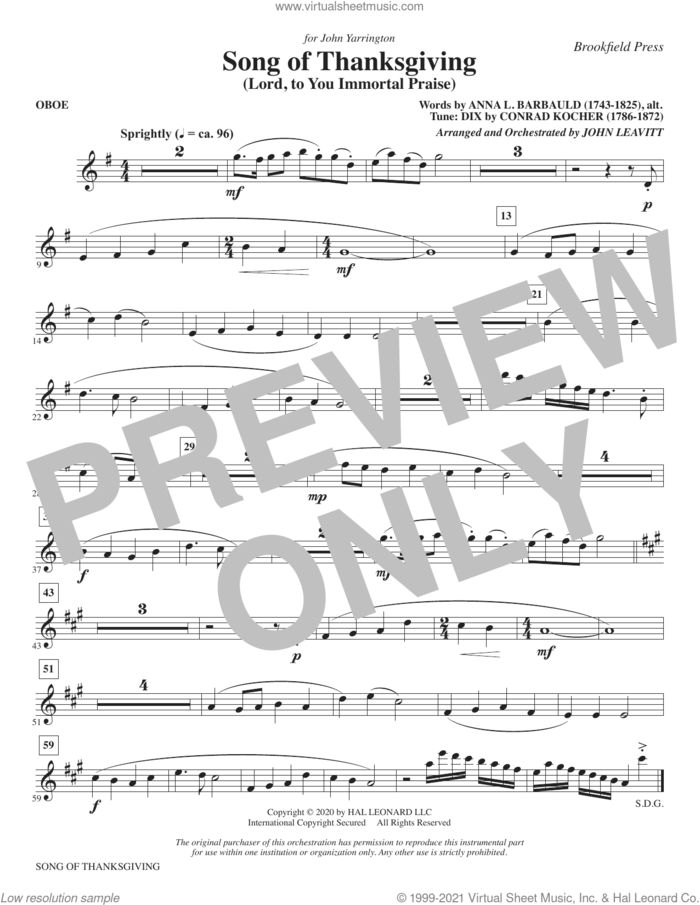 Song of Thanksgiving (Lord, to You Immortal Praise) (arr. Leavitt) sheet music for orchestra/band (oboe) by Conrad Kocher, John Leavitt and Anna L. Barbauld, intermediate skill level