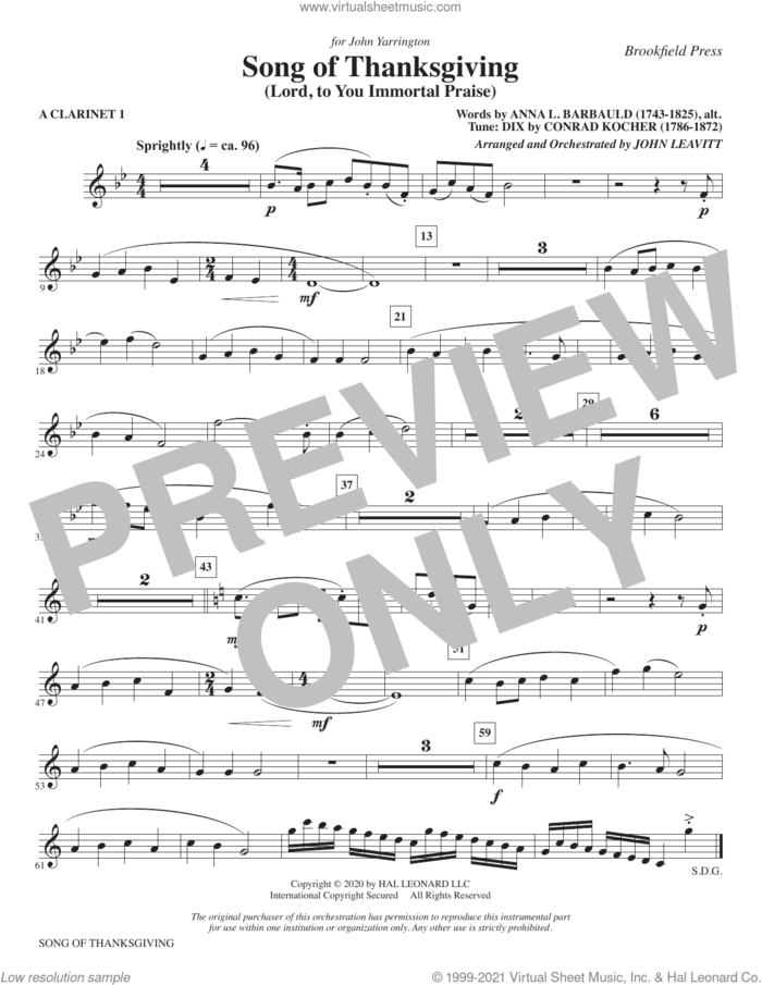 Song of Thanksgiving (Lord, to You Immortal Praise) (arr. Leavitt) sheet music for orchestra/band (a clarinet 1) by Conrad Kocher, John Leavitt and Anna L. Barbauld, intermediate skill level