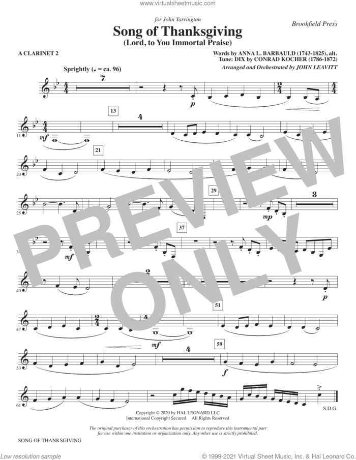 Song of Thanksgiving (Lord, to You Immortal Praise) (arr. Leavitt) sheet music for orchestra/band (a clarinet 2) by Conrad Kocher, John Leavitt and Anna L. Barbauld, intermediate skill level