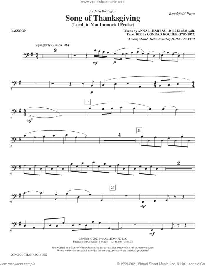 Song of Thanksgiving (Lord, to You Immortal Praise) (arr. Leavitt) sheet music for orchestra/band (bassoon) by Conrad Kocher, John Leavitt and Anna L. Barbauld, intermediate skill level