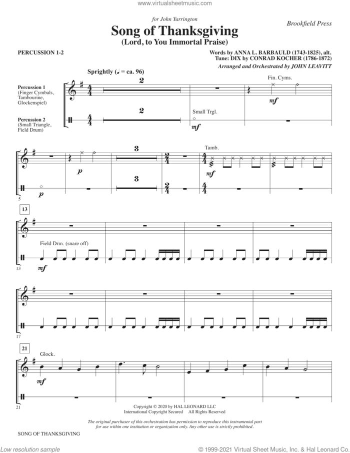 Song of Thanksgiving (Lord, to You Immortal Praise) (arr. Leavitt) sheet music for orchestra/band (percussion 1 and 2) by Conrad Kocher, John Leavitt and Anna L. Barbauld, intermediate skill level