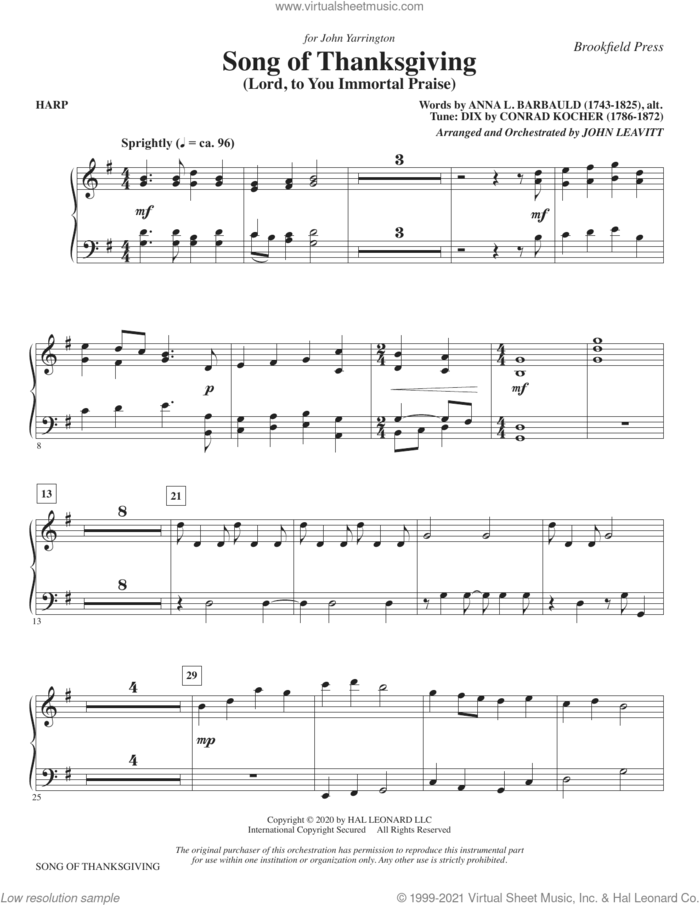 Song of Thanksgiving (Lord, to You Immortal Praise) (arr. Leavitt) sheet music for orchestra/band (harp) by Conrad Kocher, John Leavitt and Anna L. Barbauld, intermediate skill level