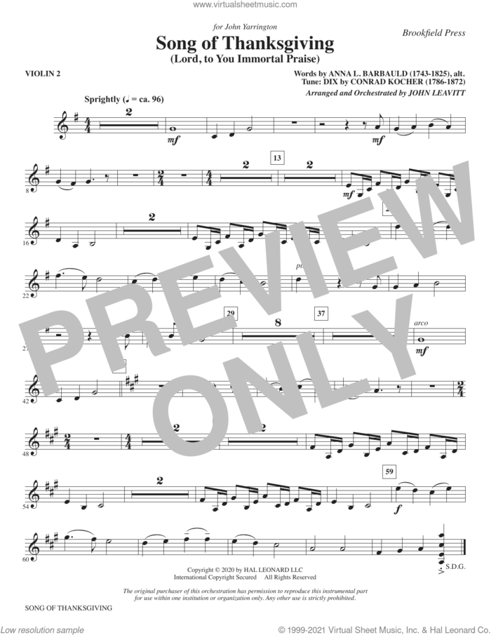 Song of Thanksgiving (Lord, to You Immortal Praise) (arr. Leavitt) sheet music for orchestra/band (violin 2) by Conrad Kocher, John Leavitt and Anna L. Barbauld, intermediate skill level