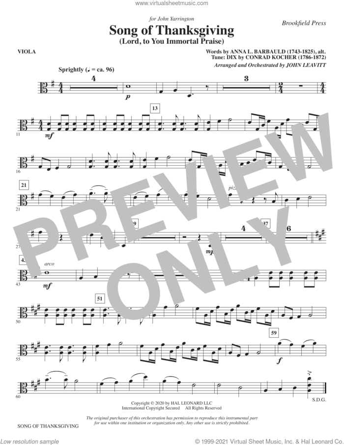 Song of Thanksgiving (Lord, to You Immortal Praise) (arr. Leavitt) sheet music for orchestra/band (viola) by Conrad Kocher, John Leavitt and Anna L. Barbauld, intermediate skill level