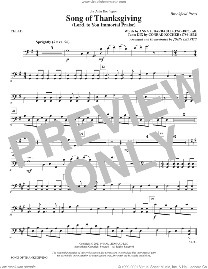 Song of Thanksgiving (Lord, to You Immortal Praise) (arr. Leavitt) sheet music for orchestra/band (cello) by Conrad Kocher, John Leavitt and Anna L. Barbauld, intermediate skill level