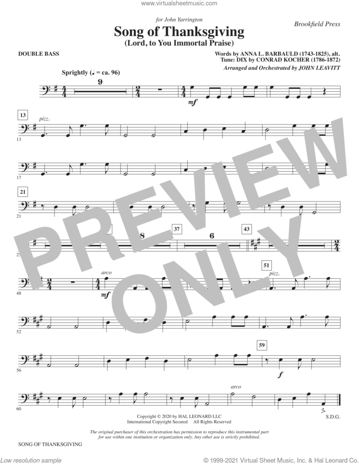 Song of Thanksgiving (Lord, to You Immortal Praise) (arr. Leavitt) sheet music for orchestra/band (double bass) by Conrad Kocher, John Leavitt and Anna L. Barbauld, intermediate skill level