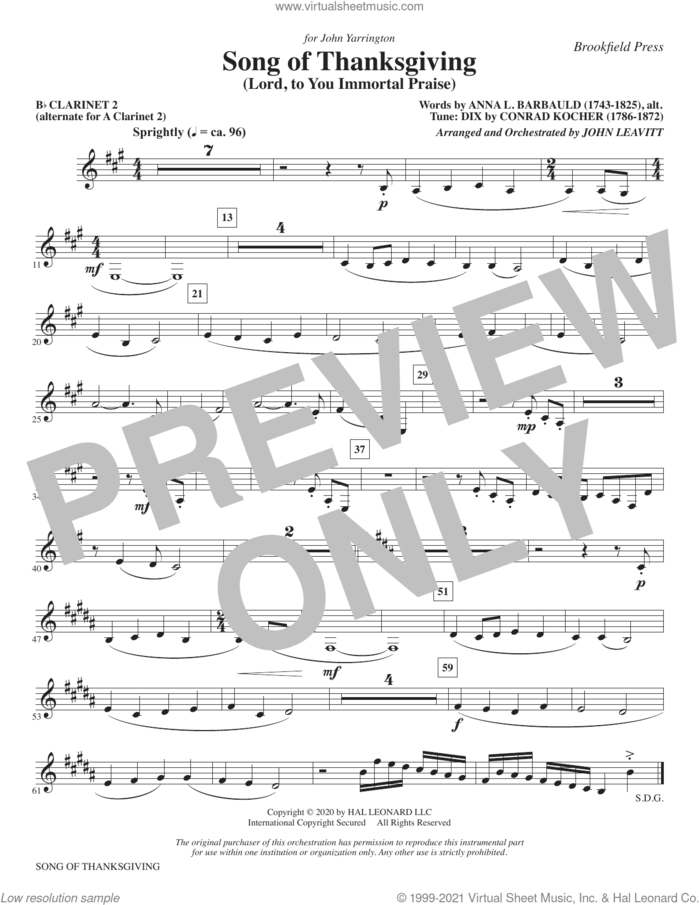 Song of Thanksgiving (Lord, to You Immortal Praise) (arr. Leavitt) sheet music for orchestra/band (Bb clarinet 2, sub. a cl. 2) by Conrad Kocher, John Leavitt and Anna L. Barbauld, intermediate skill level