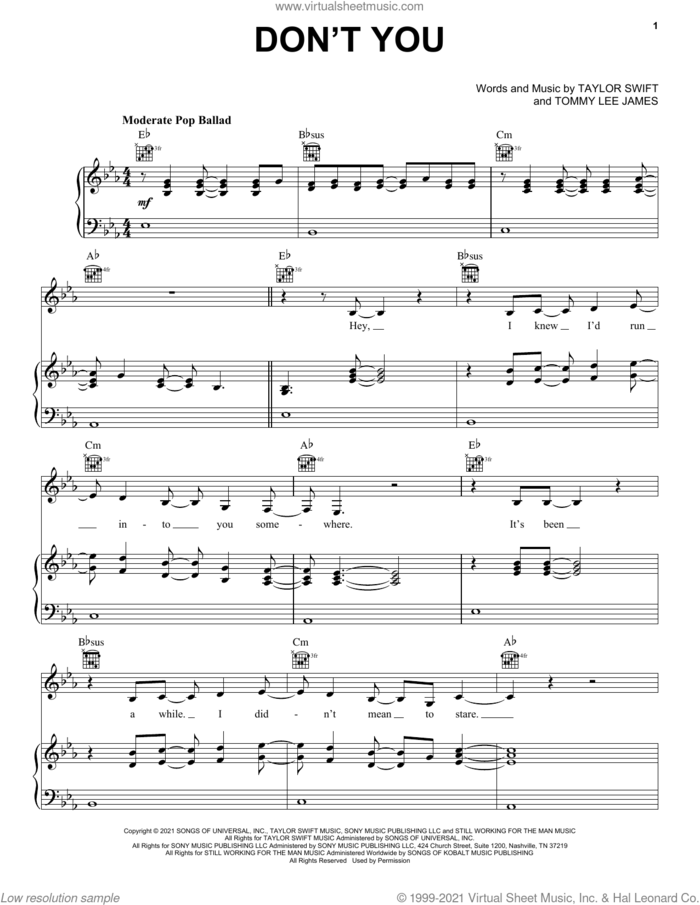 Don't You (Taylor's Version) (From The Vault) sheet music for voice, piano or guitar by Taylor Swift and Tommy Lee James, intermediate skill level