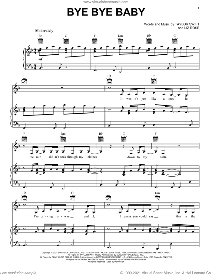 Bye Bye Baby (Taylor's Version) (From The Vault) sheet music for voice, piano or guitar by Taylor Swift and Liz Rose, intermediate skill level