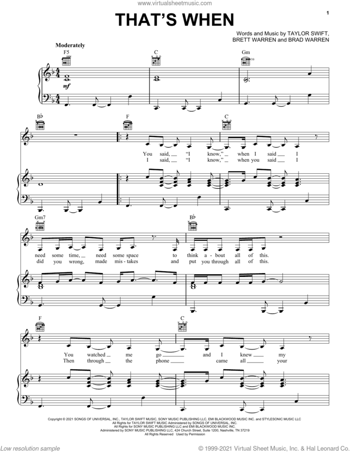 That's When (feat. Keith Urban) (Taylor's Version) (From The Vault) sheet music for voice, piano or guitar by Taylor Swift, Brad Warren and Brett Warren, intermediate skill level