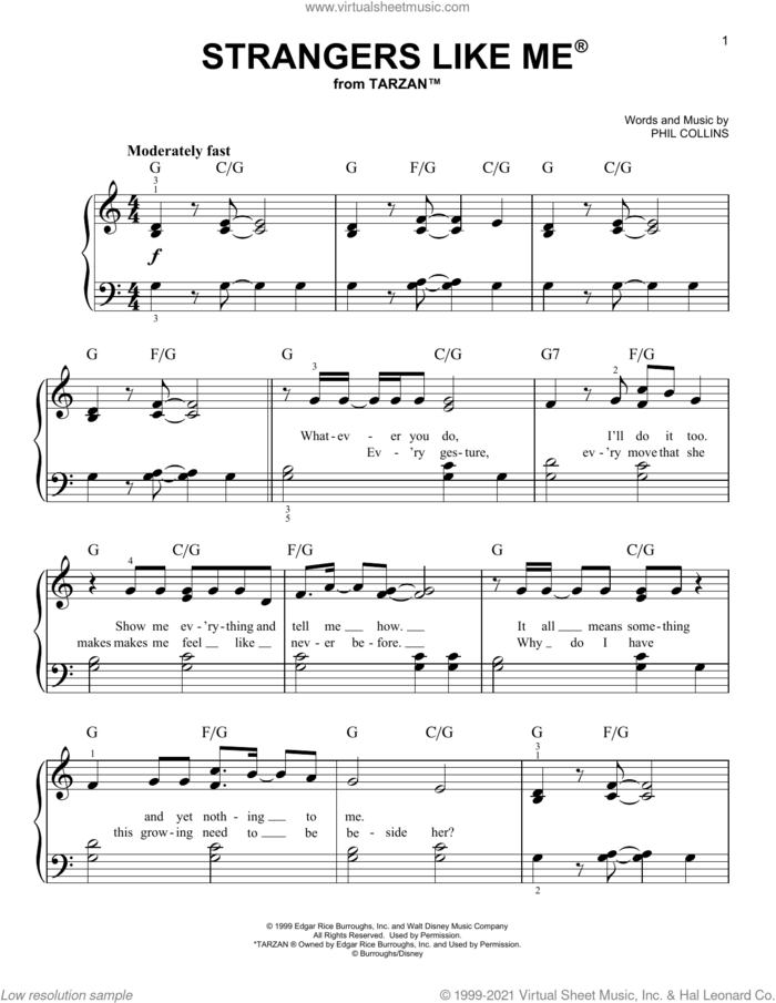 Strangers Like Me (from Tarzan) sheet music for piano solo by Phil Collins, easy skill level