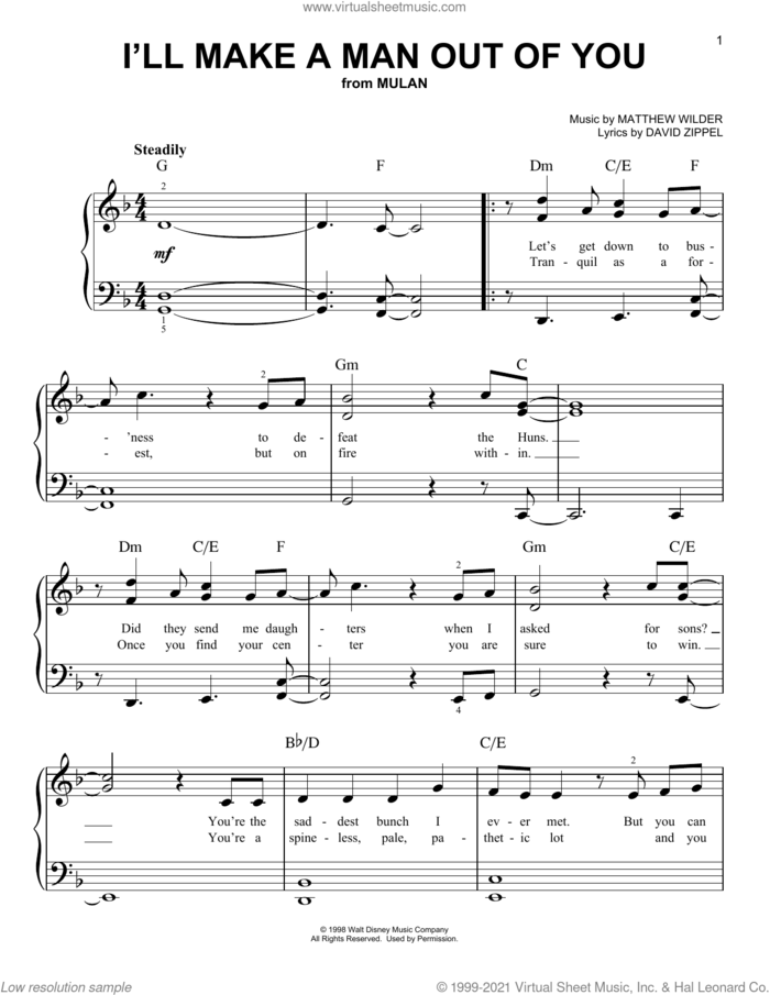 I'll Make A Man Out Of You (from Mulan) sheet music for piano solo by David Zippel and Matthew Wilder, easy skill level