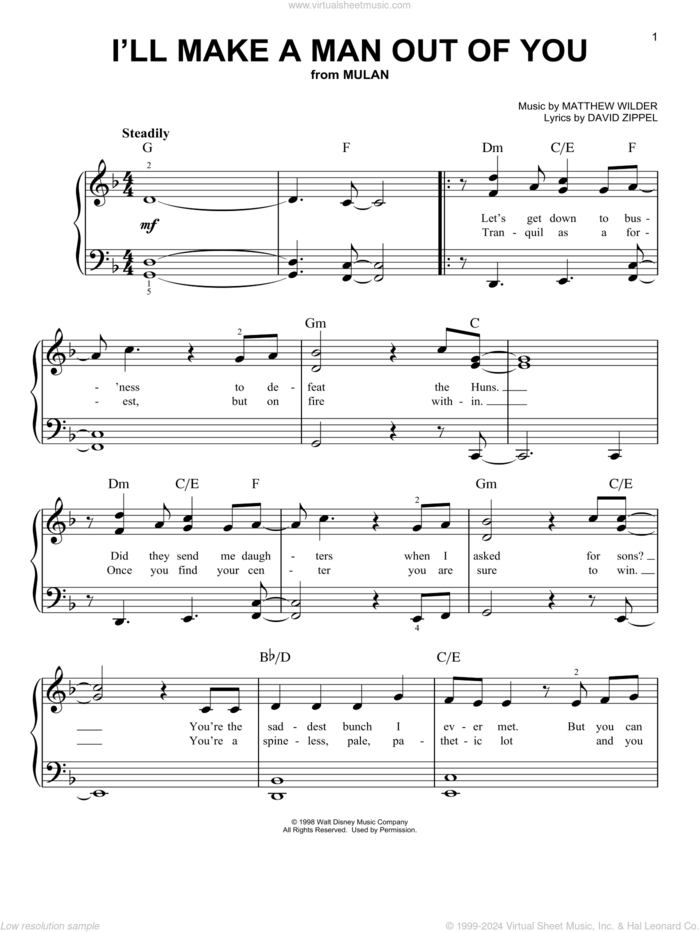 I'll Make A Man Out Of You (from Mulan) sheet music for piano solo by David Zippel and Matthew Wilder, easy skill level