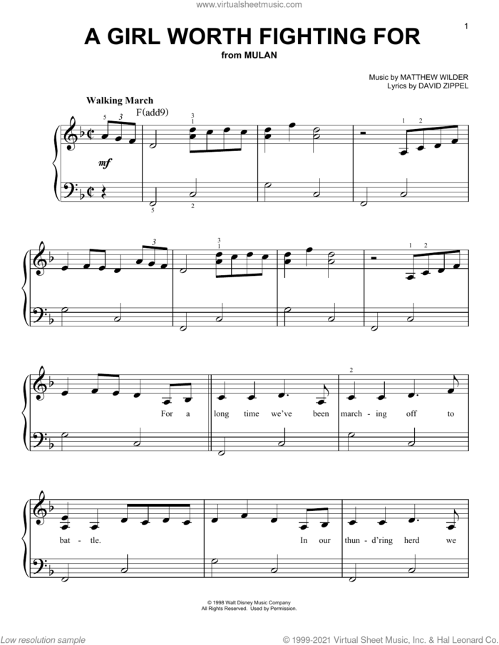 A Girl Worth Fighting For (from Mulan), (easy) sheet music for piano solo by David Zippel and Matthew Wilder, easy skill level