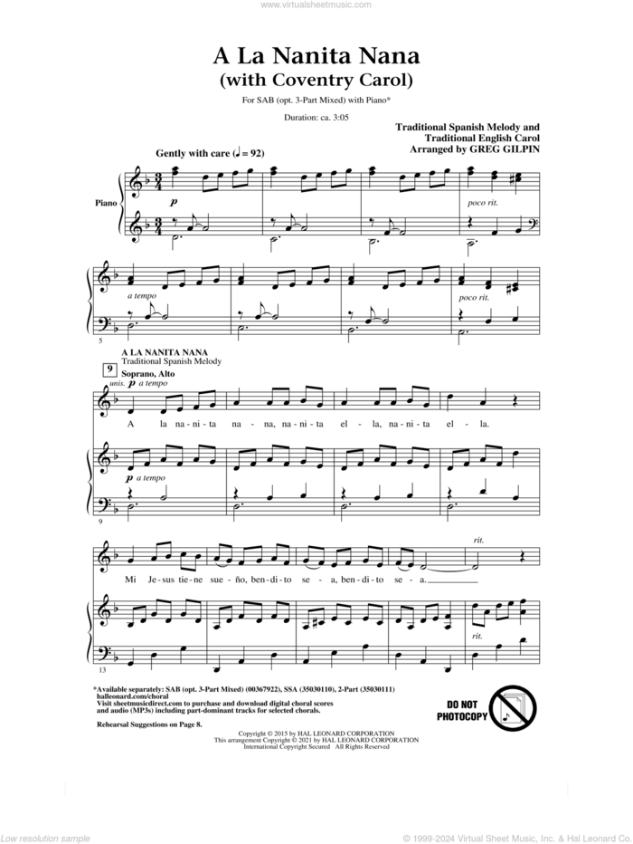 A La Nanita Nana (with Coventry Carol) sheet music for choir (SAB: soprano, alto, bass) by Greg Gilpin and Miscellaneous, intermediate skill level