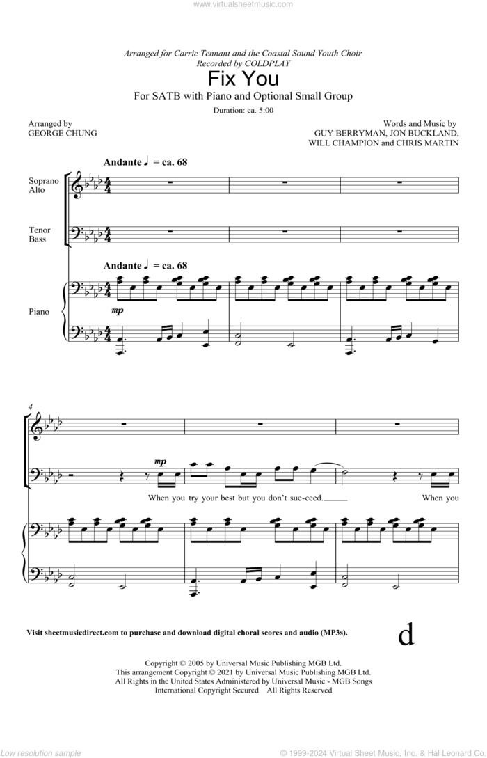 Fix You (arr. George Chung) sheet music for choir (SATB: soprano, alto, tenor, bass) by Coldplay, George Chung, Chris Martin, Guy Berryman, Jon Buckland and Will Champion, intermediate skill level