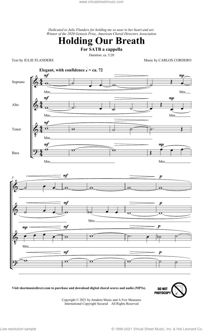 Holding Our Breath sheet music for choir (SATB: soprano, alto, tenor, bass) by Julie Flanders and Carlos Cordero, Carlos Cordero and Julie Flanders, intermediate skill level