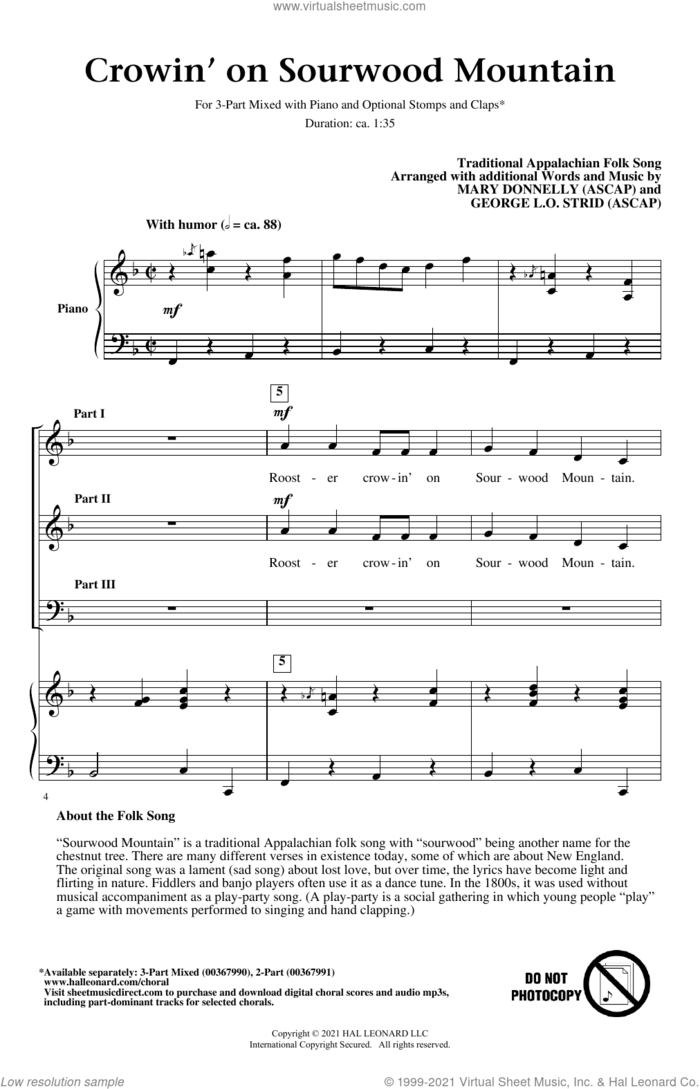 Crowin' On Sourwood Mountain (arr. Mary Donnelly and George L.O. Strid) sheet music for choir (3-Part Mixed) by Traditional Appalachian Folk Song, George L.O. Strid and Mary Donnelly, intermediate skill level