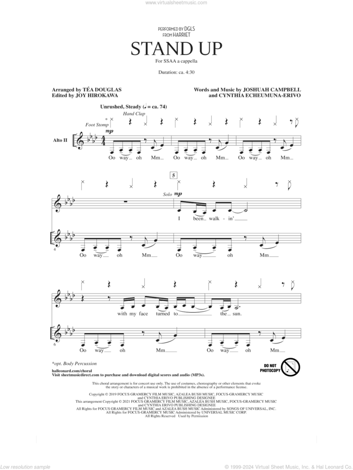 Stand Up (from Harriet) (arr. Tea Douglas) sheet music for choir (SSAA: soprano, alto) by DGLS, Tea Douglas, Cynthia Erivo, Joy Hirokawa, Cynthia Echeumuna-Erivo and Joshuah Campbell, intermediate skill level