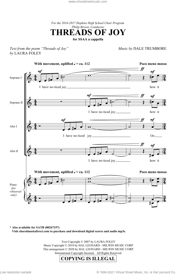 Threads Of Joy sheet music for choir (SSAA: soprano, alto) by Dale Trumbore and Laura Foley and Dale Trumbore and Laura Foley, intermediate skill level