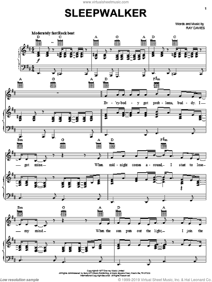 Sleepwalker sheet music for voice, piano or guitar by The Kinks and Ray Davies, intermediate skill level
