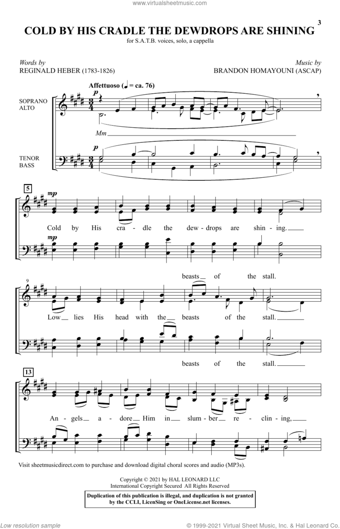 Cold By His Cradle The Dewdrops Are Shining sheet music for choir (SATB: soprano, alto, tenor, bass) by Reginald Heber and Brandon Homayouni, Brandon Homayouni and Reginald Heber, intermediate skill level