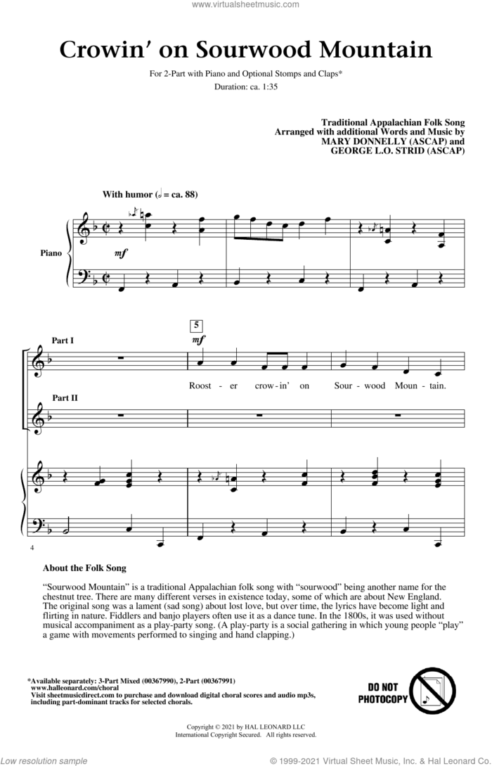 Crowin' On Sourwood Mountain (arr. Mary Donnelly and George L.O. Strid) sheet music for choir (2-Part) by Traditional Appalachian Folk Song, George L.O. Strid and Mary Donnelly, intermediate duet