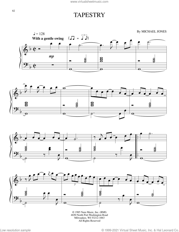 Tapestry sheet music for piano solo by Michael Jones, intermediate skill level