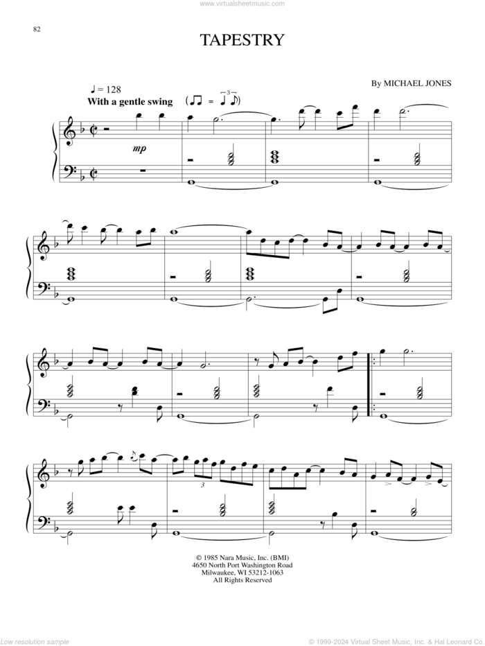 Tapestry sheet music for piano solo by Michael Jones, intermediate skill level