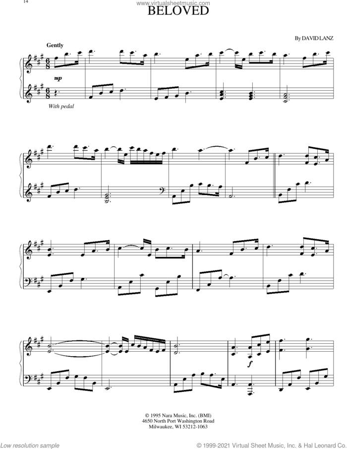 Beloved sheet music for piano solo by David Lanz, intermediate skill level