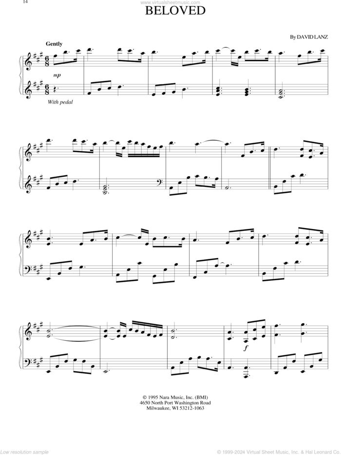 Beloved sheet music for piano solo by David Lanz, intermediate skill level