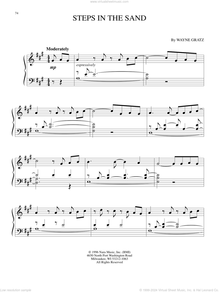 Steps In The Sand sheet music for piano solo by Wayne Gratz, intermediate skill level