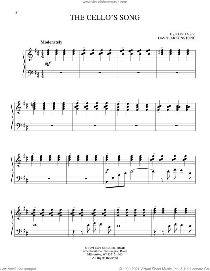 The Cello's Song sheet music for piano solo by Kostia and David Arkenstone, David Arkenstone and Kostia, intermediate skill level