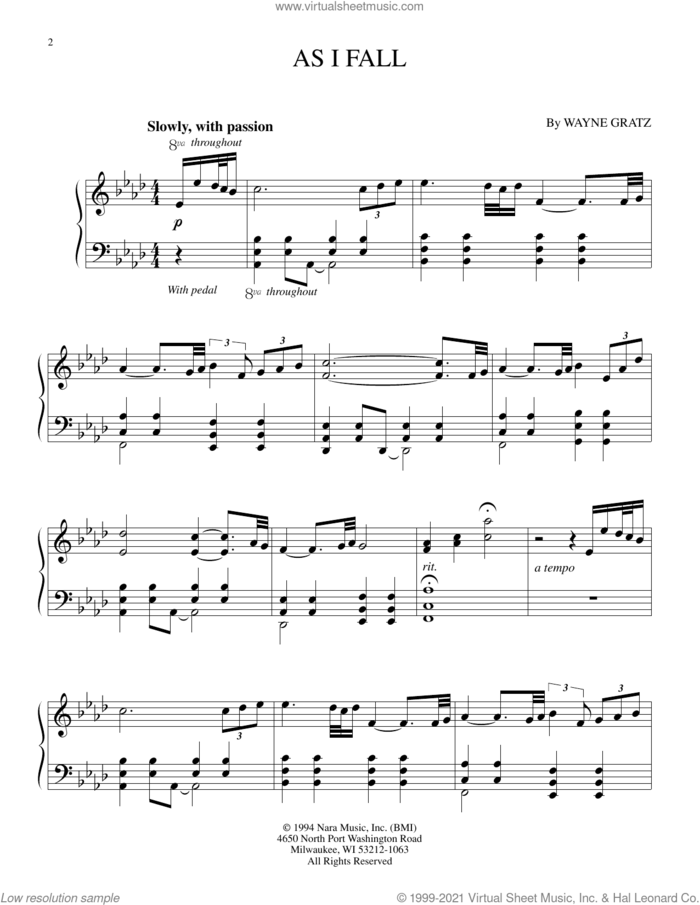As I Fall sheet music for piano solo by Wayne Gratz, intermediate skill level
