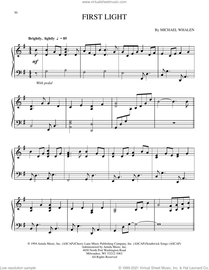 First Light sheet music for piano solo by Michael Whalen, intermediate skill level