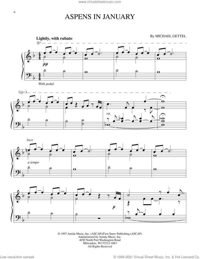 Aspens In January sheet music for piano solo by Michael Gettel, intermediate skill level