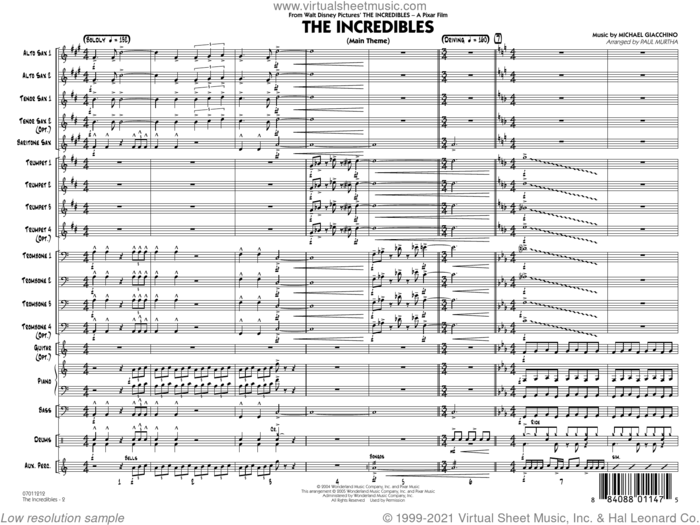 The Incredibles (arr. Paul Murtha) (COMPLETE) sheet music for jazz band by Paul Murtha and Michael Giacchino, intermediate skill level