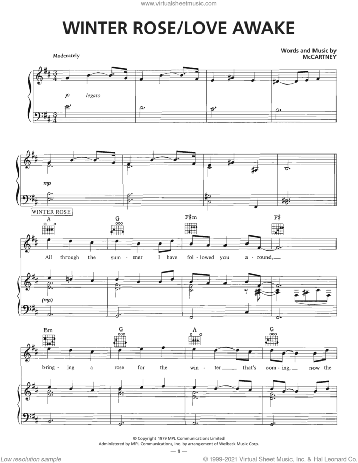 Winter Rose/Love Awake sheet music for voice, piano or guitar by Wings and Paul McCartney, intermediate skill level