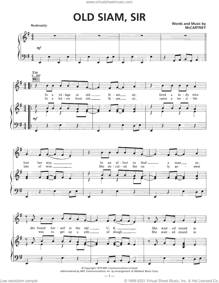 Old Siam, Sir sheet music for voice, piano or guitar by Wings and Paul McCartney, intermediate skill level
