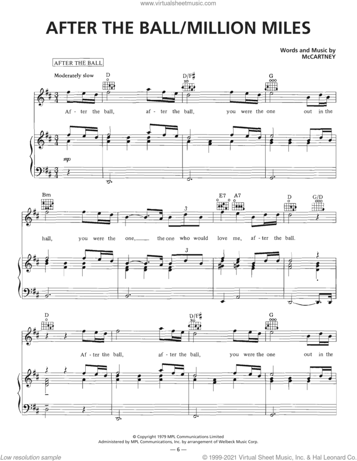 After The Ball/Million Miles sheet music for voice, piano or guitar by Wings and Paul McCartney, intermediate skill level