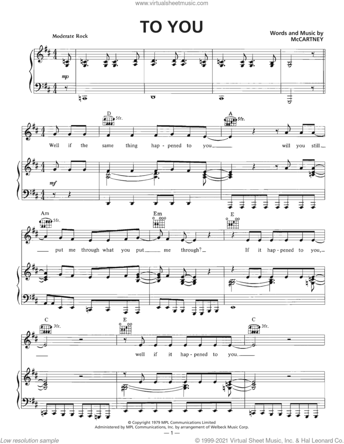 To You sheet music for voice, piano or guitar by Wings and Paul McCartney, intermediate skill level