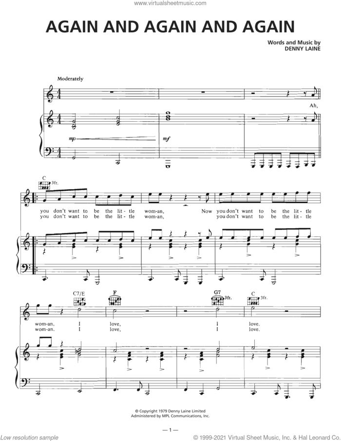 Again And Again And Again sheet music for voice, piano or guitar by Wings, Paul McCartney and Denny Laine, intermediate skill level