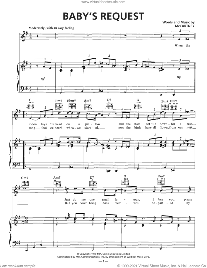 Baby's Request sheet music for voice, piano or guitar by Wings and Paul McCartney, intermediate skill level